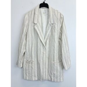 VTG TR Bentley Blazer Womens Large Cream Blue Linen Blend Striped Jacket 90s
